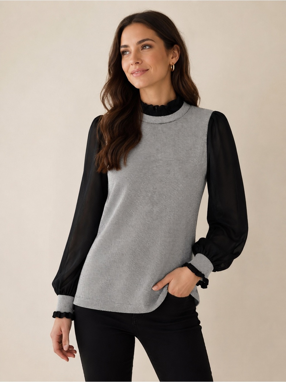 ✨ Ming Wang Black & Gray Mixed-Media Top – Size M
